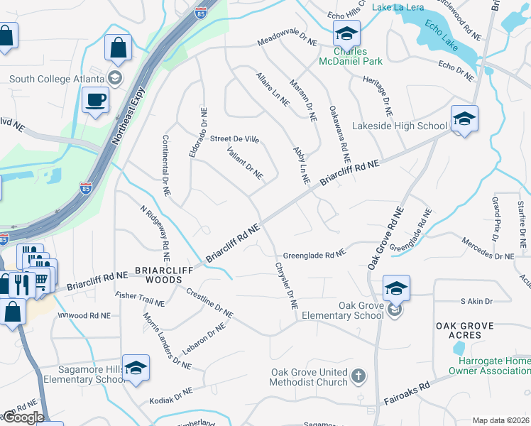 map of restaurants, bars, coffee shops, grocery stores, and more near 1993 Chrysler Drive Northeast in Atlanta