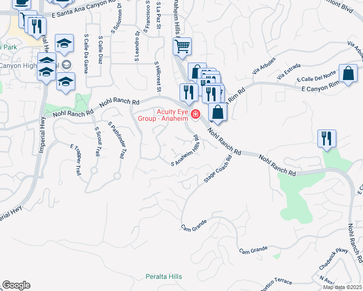 map of restaurants, bars, coffee shops, grocery stores, and more near 6083 East Summit Court in Anaheim