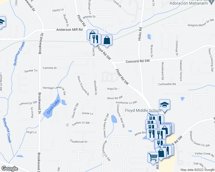 map of restaurants, bars, coffee shops, grocery stores, and more near 988 Anjul Drive in Mableton