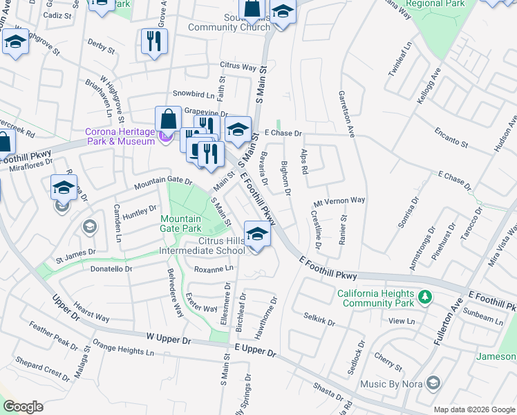 map of restaurants, bars, coffee shops, grocery stores, and more near 150 Engelmann Drive in Corona