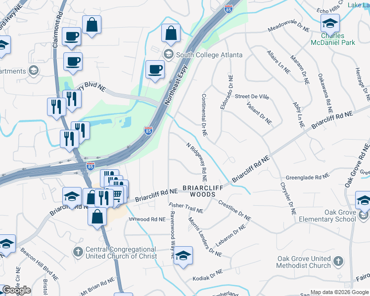 map of restaurants, bars, coffee shops, grocery stores, and more near 2010 North Ridgeway Road Northeast in Atlanta