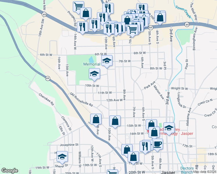 map of restaurants, bars, coffee shops, grocery stores, and more near 1000 10th Avenue in Jasper