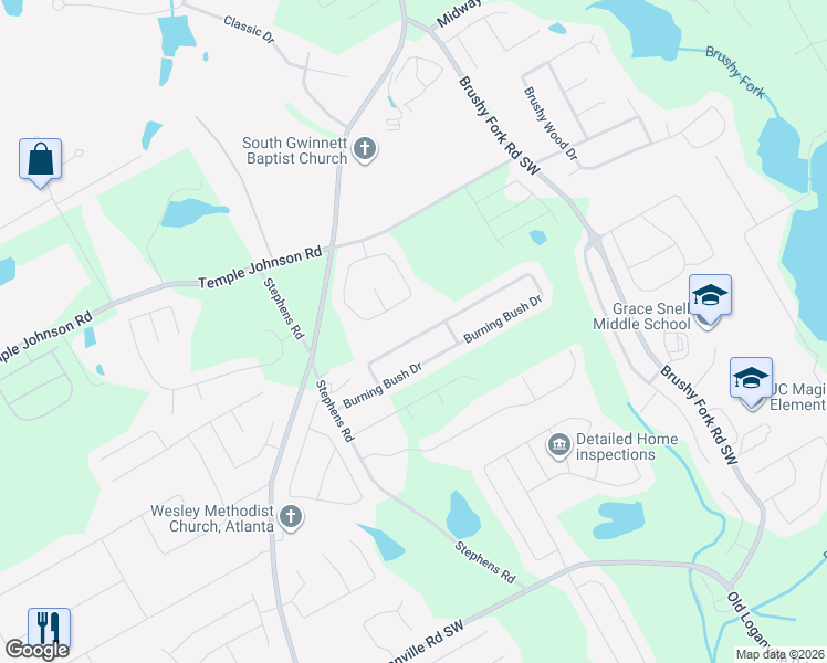 map of restaurants, bars, coffee shops, grocery stores, and more near 940 Burning Bush Drive in Loganville