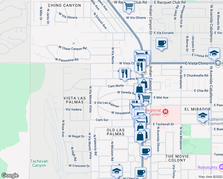 map of restaurants, bars, coffee shops, grocery stores, and more near 365 Camino Norte in Palm Springs