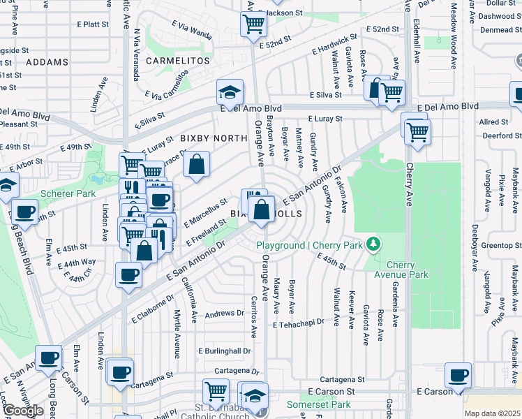 map of restaurants, bars, coffee shops, grocery stores, and more near 1165 East San Antonio Drive in Long Beach