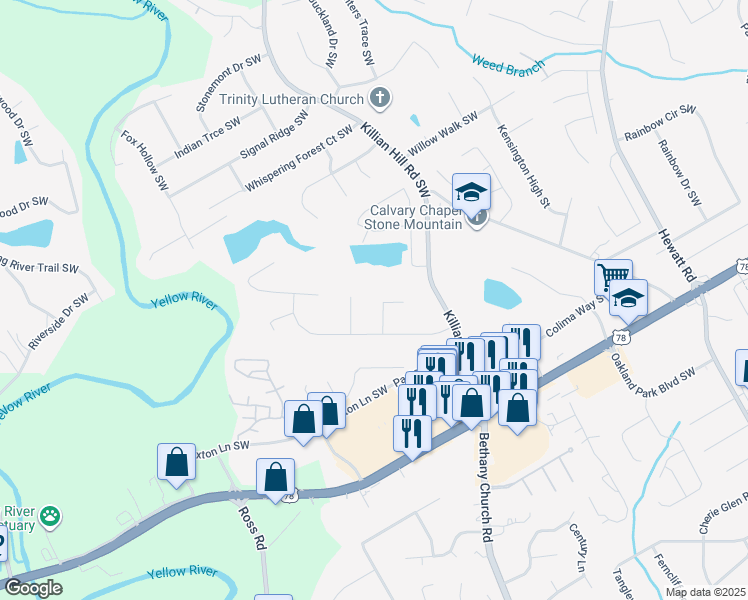 map of restaurants, bars, coffee shops, grocery stores, and more near 2047 Cliffton Terrace in Snellville