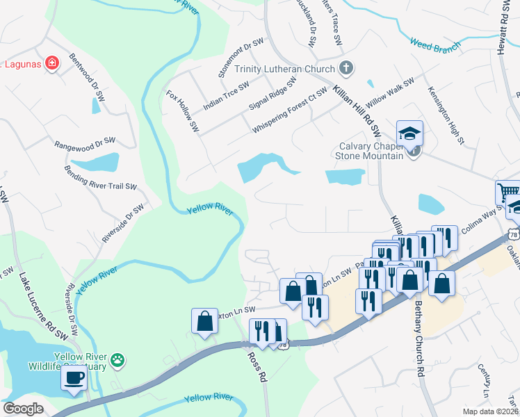 map of restaurants, bars, coffee shops, grocery stores, and more near 4188 Rocky Ledge Way in Snellville