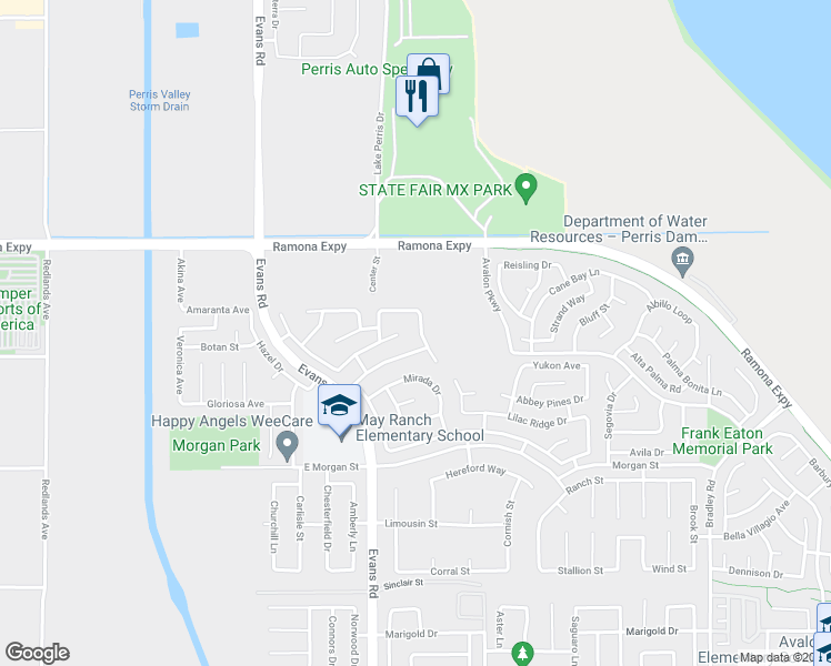 map of restaurants, bars, coffee shops, grocery stores, and more near 3852 Raintree Circle in Perris