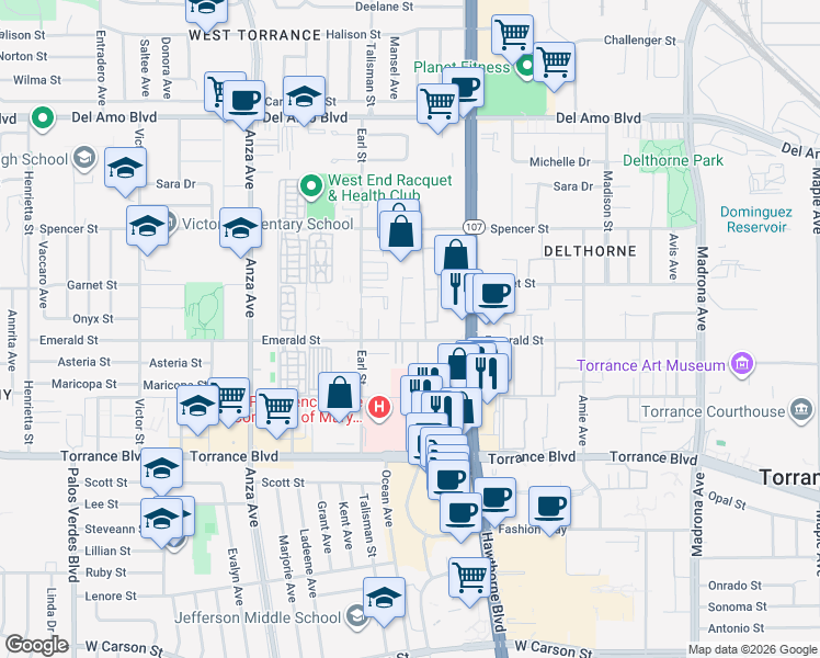 map of restaurants, bars, coffee shops, grocery stores, and more near 4015 Emerald Street in Torrance
