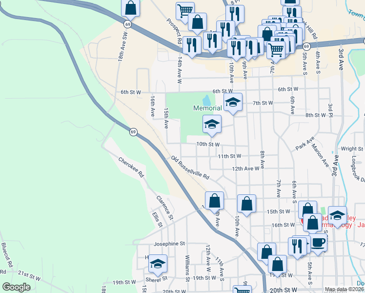 map of restaurants, bars, coffee shops, grocery stores, and more near 1307 10th Street West in Jasper