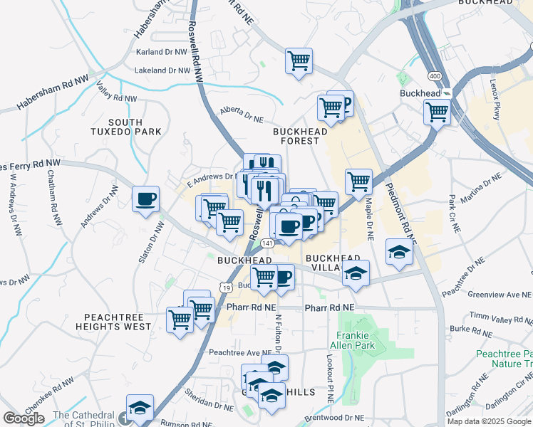 map of restaurants, bars, coffee shops, grocery stores, and more near 3175 Roswell Road Northwest in Atlanta