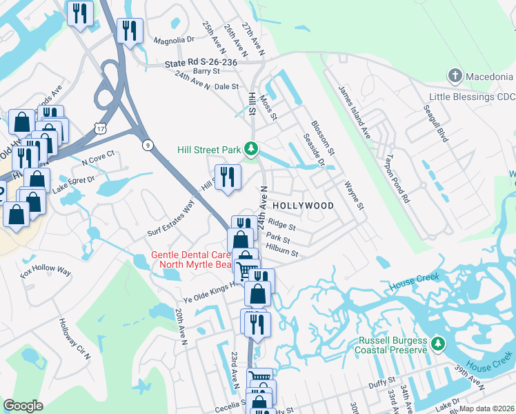 map of restaurants, bars, coffee shops, grocery stores, and more near 2402 Bryan Street in North Myrtle Beach
