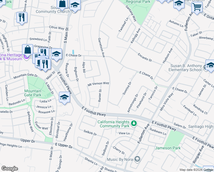 map of restaurants, bars, coffee shops, grocery stores, and more near 3100 Garretson Avenue in Corona