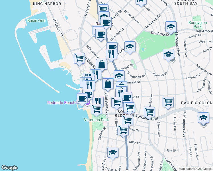 map of restaurants, bars, coffee shops, grocery stores, and more near 100 South Catalina Avenue in Redondo Beach