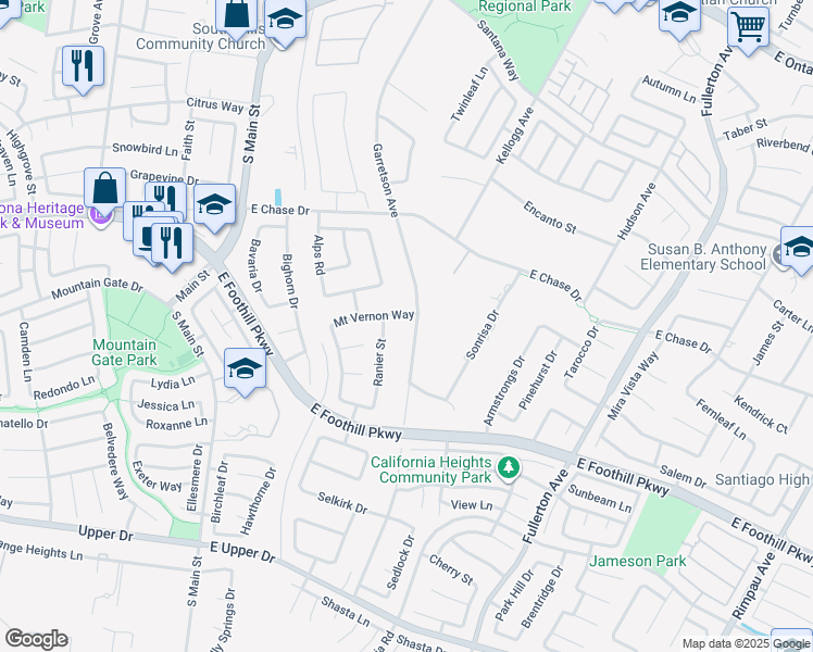 map of restaurants, bars, coffee shops, grocery stores, and more near 3100 Garretson Avenue in Corona