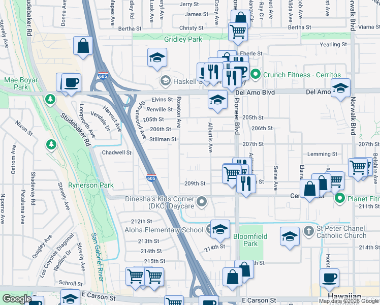 map of restaurants, bars, coffee shops, grocery stores, and more near 11609 208th Street in Lakewood