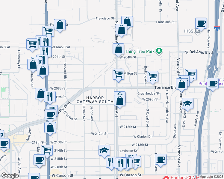 map of restaurants, bars, coffee shops, grocery stores, and more near 20803 Normandie Avenue in Torrance