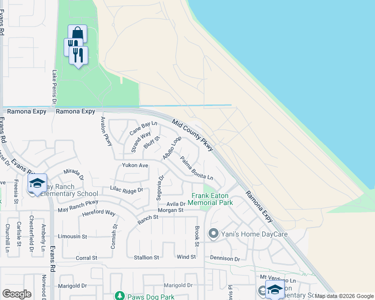map of restaurants, bars, coffee shops, grocery stores, and more near 3909 Manquelo Court in Perris
