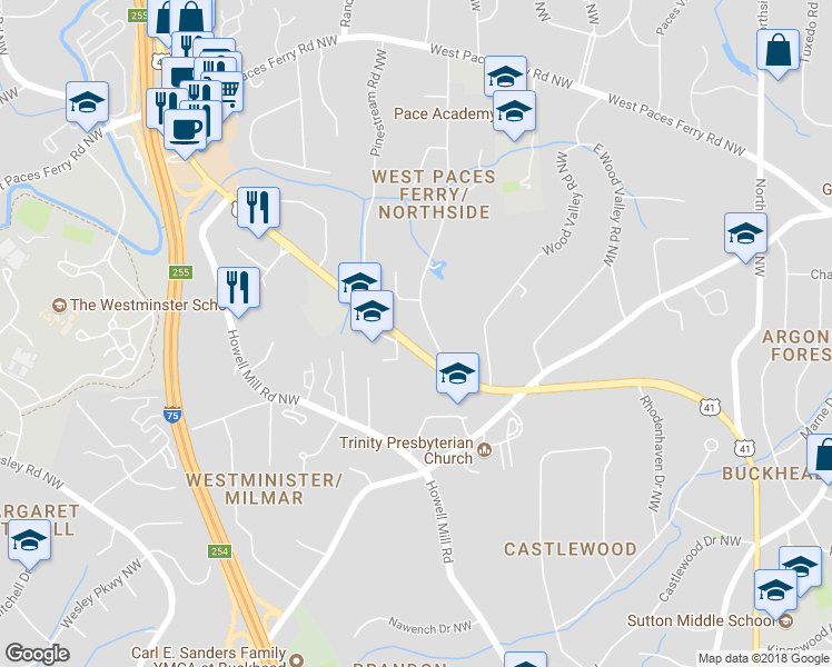 map of restaurants, bars, coffee shops, grocery stores, and more near 3180 Rilman Road Northwest in Atlanta