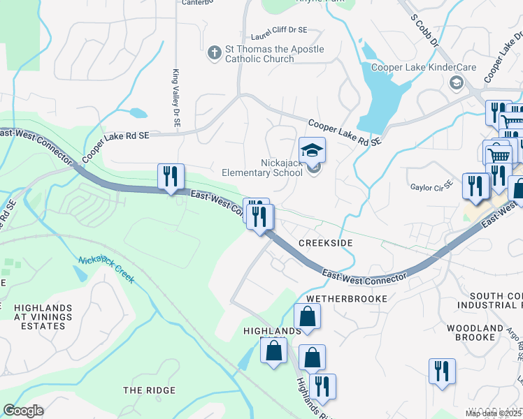 map of restaurants, bars, coffee shops, grocery stores, and more near 1205 Comet View Tr Southeast in Smyrna