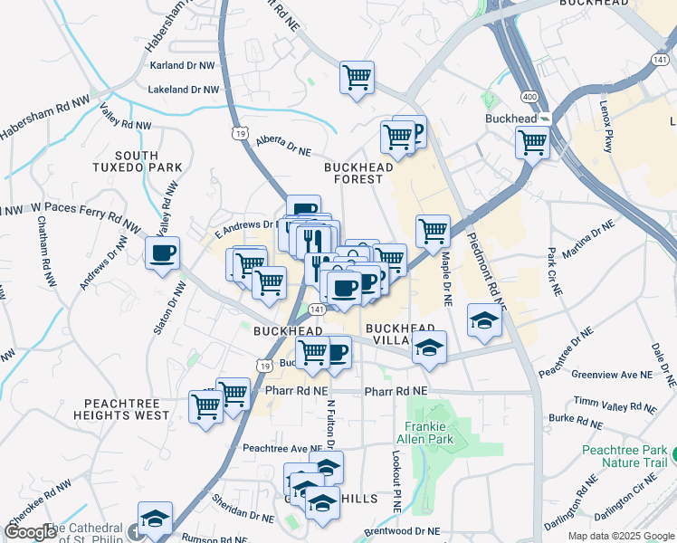 map of restaurants, bars, coffee shops, grocery stores, and more near 3175 Roswell Road Northwest in Atlanta