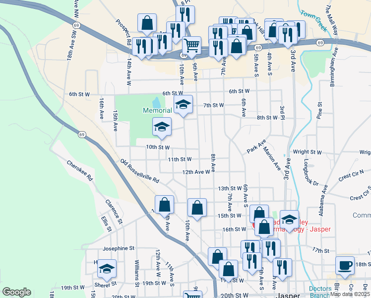 map of restaurants, bars, coffee shops, grocery stores, and more near 800 10th Avenue in Jasper