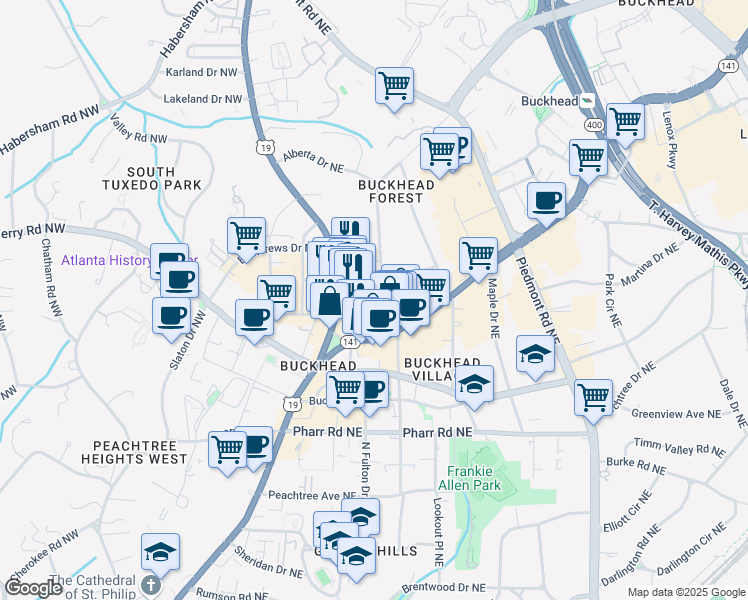 map of restaurants, bars, coffee shops, grocery stores, and more near 3180 Mathieson Drive Northeast in Atlanta