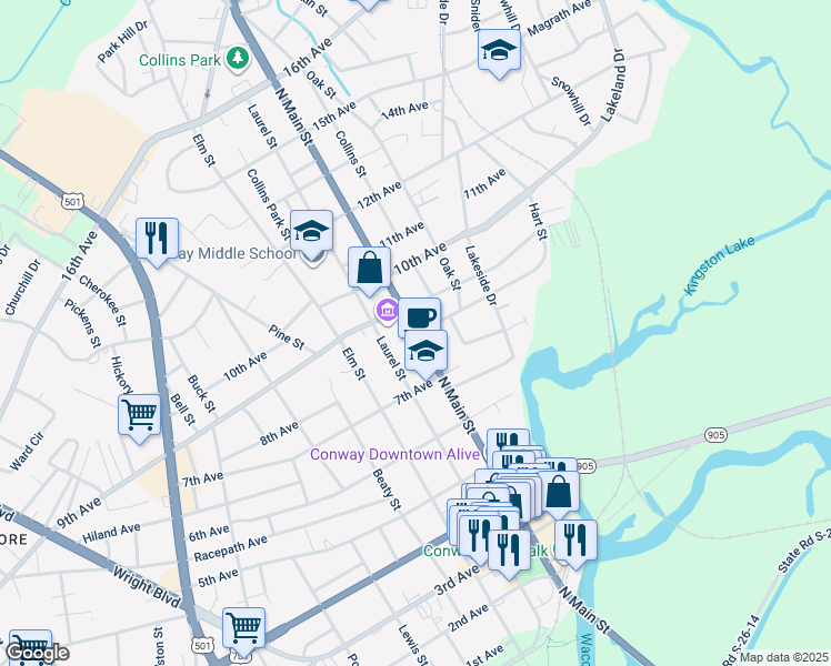 map of restaurants, bars, coffee shops, grocery stores, and more near 801 North Main Street in Conway