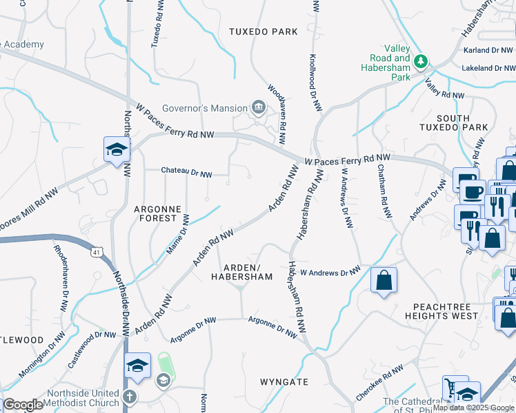 map of restaurants, bars, coffee shops, grocery stores, and more near 3180 Arden Road Northwest in Atlanta