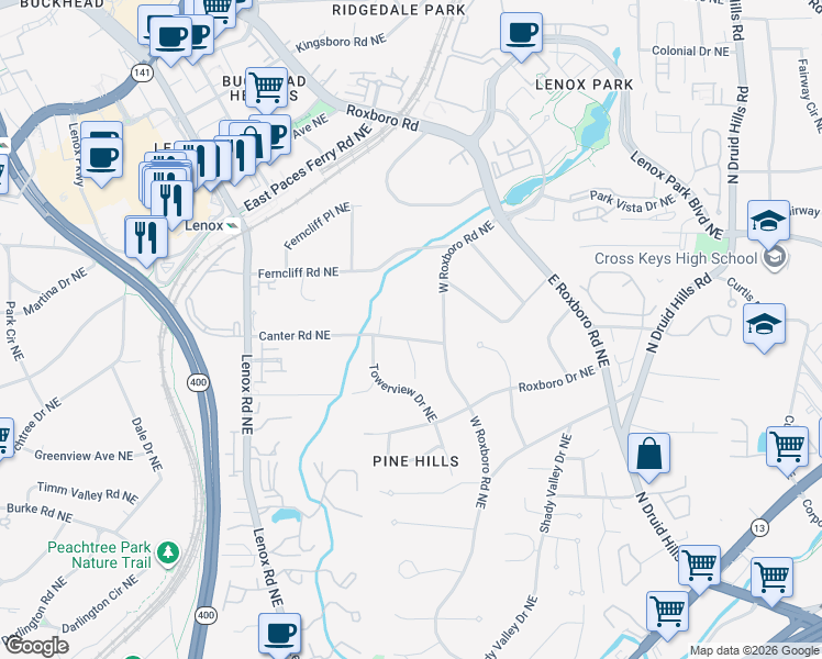 map of restaurants, bars, coffee shops, grocery stores, and more near 1100 Canter Road Northeast in Atlanta