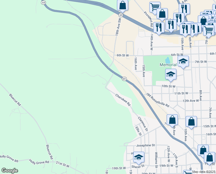 map of restaurants, bars, coffee shops, grocery stores, and more near 1001 Cherokee Road in Jasper