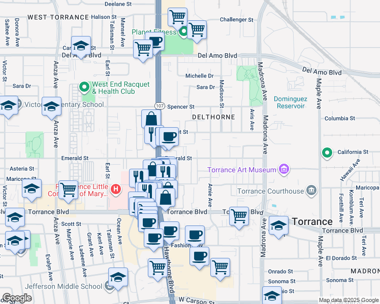 map of restaurants, bars, coffee shops, grocery stores, and more near 3649 Emerald Street in Torrance