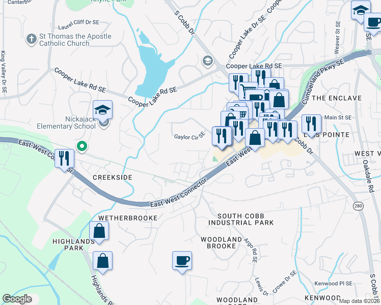 map of restaurants, bars, coffee shops, grocery stores, and more near 4618 Wehunt Commons Drive in Smyrna