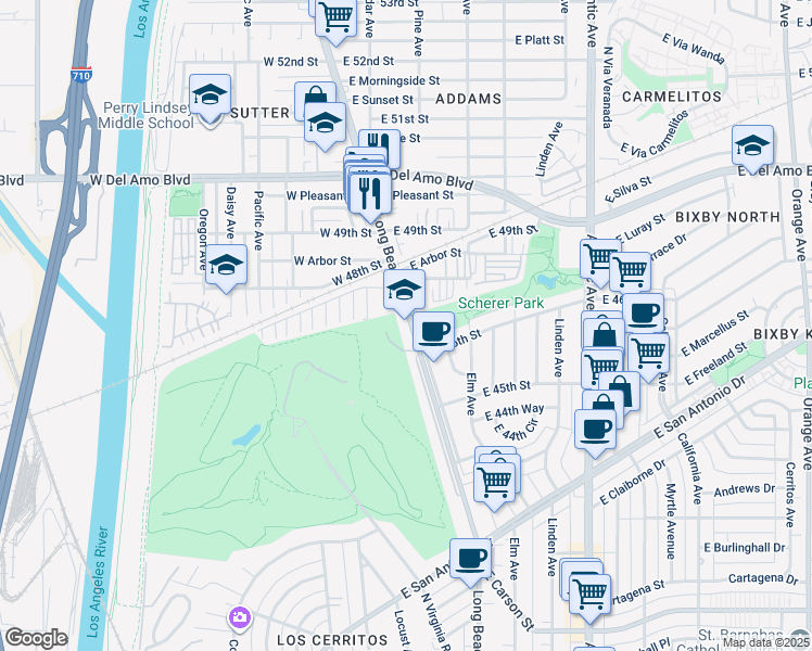map of restaurants, bars, coffee shops, grocery stores, and more near 4615 Long Beach Boulevard in Long Beach