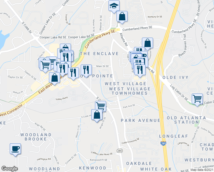 map of restaurants, bars, coffee shops, grocery stores, and more near 1949 West Village Point in Smyrna