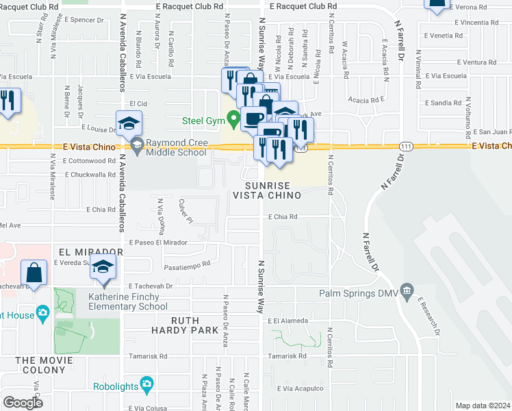 map of restaurants, bars, coffee shops, grocery stores, and more near 1415 North Sunrise Way in Palm Springs