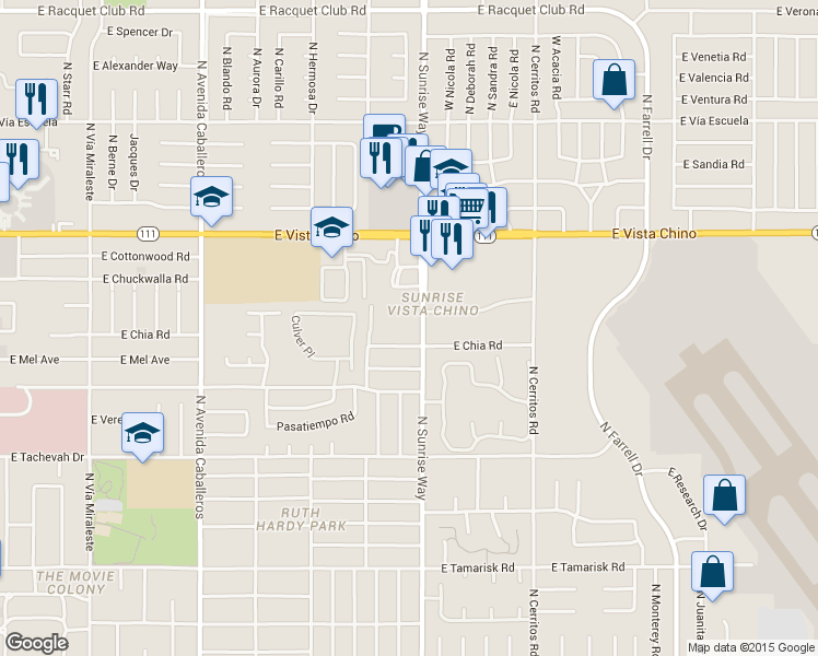 map of restaurants, bars, coffee shops, grocery stores, and more near 1415 North Sunrise Way in Palm Springs