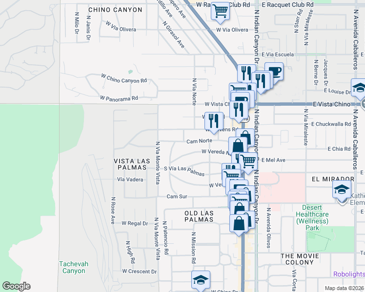 map of restaurants, bars, coffee shops, grocery stores, and more near 424 West Vereda Norte in Palm Springs