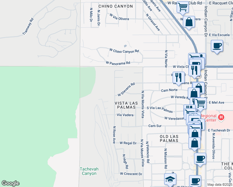 map of restaurants, bars, coffee shops, grocery stores, and more near 835 West Stevens Road in Palm Springs