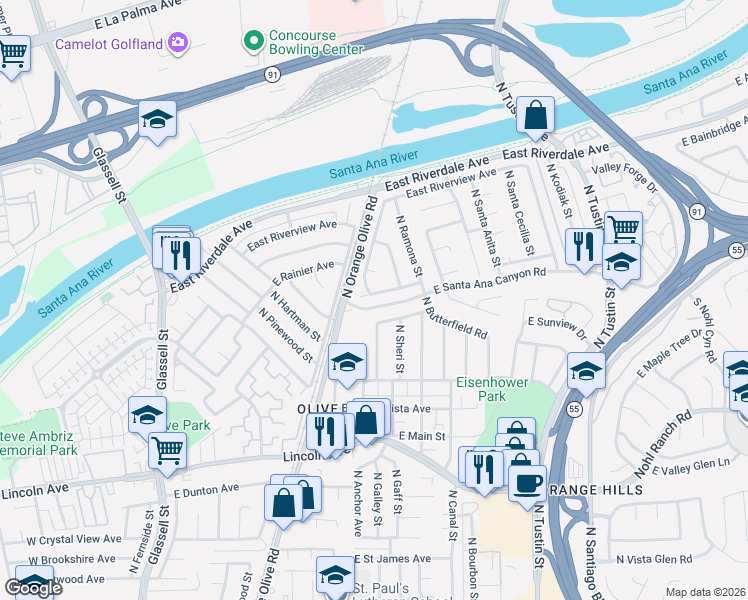 map of restaurants, bars, coffee shops, grocery stores, and more near 3064 North Skywood Street in Orange
