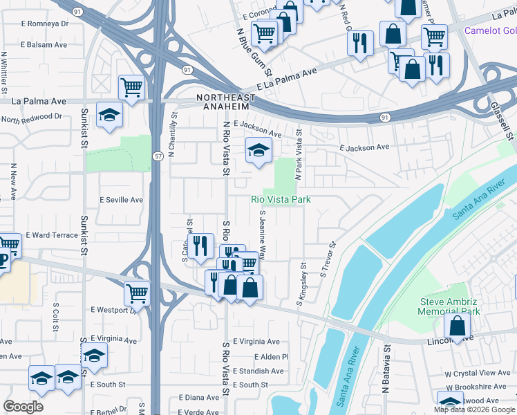 map of restaurants, bars, coffee shops, grocery stores, and more near 110 South Beth Circle in Anaheim