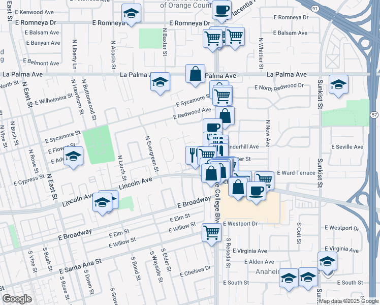 map of restaurants, bars, coffee shops, grocery stores, and more near 1919 East Center Street in Anaheim