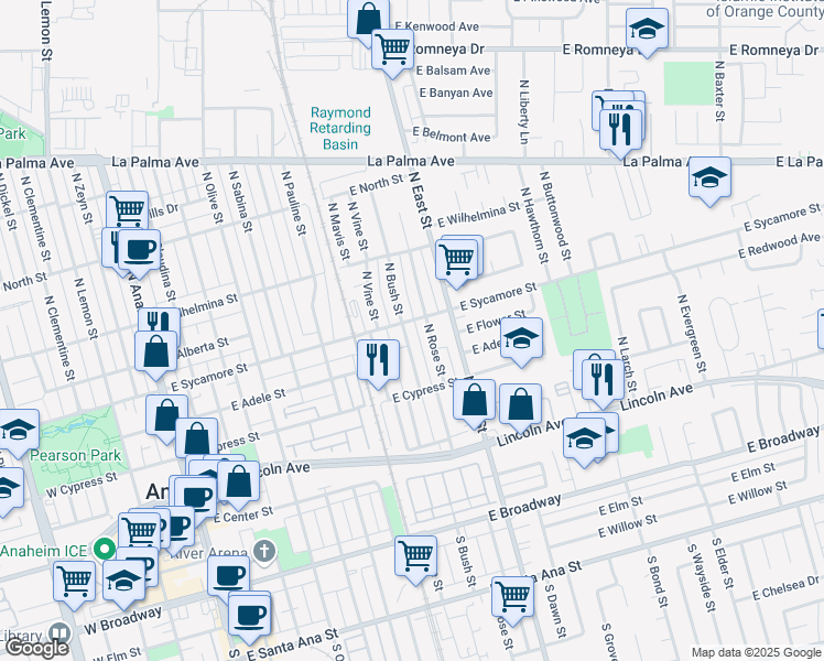 map of restaurants, bars, coffee shops, grocery stores, and more near 417 North Bush Street in Anaheim
