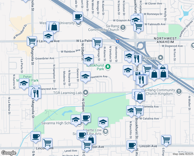 map of restaurants, bars, coffee shops, grocery stores, and more near 2350 West Greenacre Avenue in Anaheim
