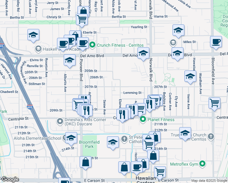 map of restaurants, bars, coffee shops, grocery stores, and more near 20733 Elaine Avenue in Lakewood