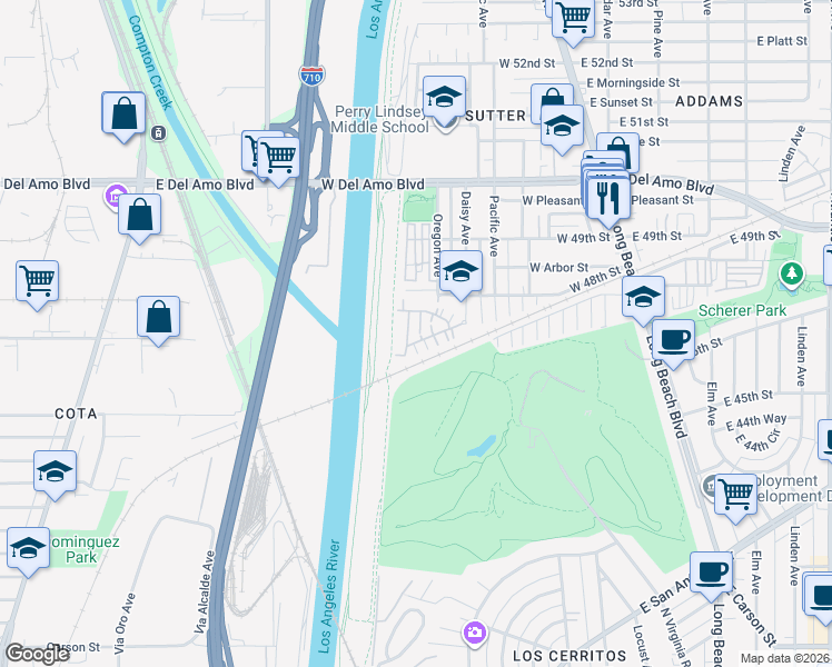 map of restaurants, bars, coffee shops, grocery stores, and more near 4715 Holly Avenue in Long Beach