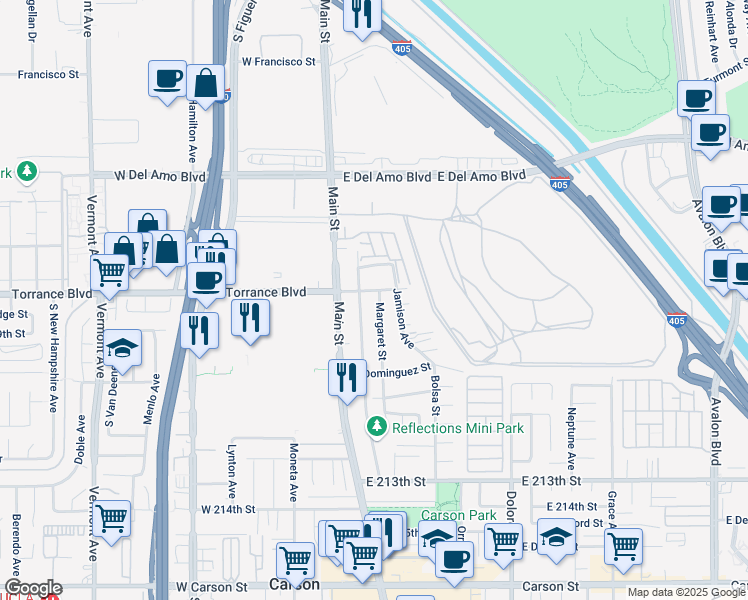 map of restaurants, bars, coffee shops, grocery stores, and more near 20816 Margaret Street in Carson