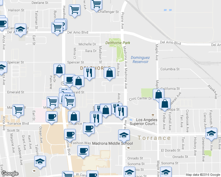 map of restaurants, bars, coffee shops, grocery stores, and more near 3455 Emerald Street in Torrance