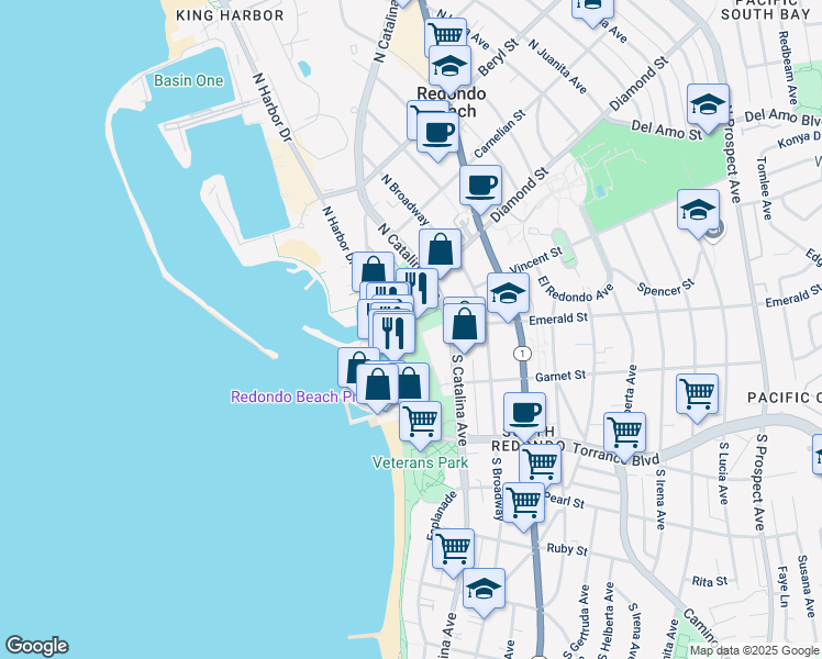 map of restaurants, bars, coffee shops, grocery stores, and more near 340 The Village in Redondo Beach