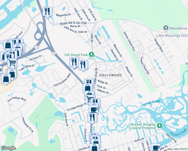 map of restaurants, bars, coffee shops, grocery stores, and more near 2402 Bryan Street in North Myrtle Beach